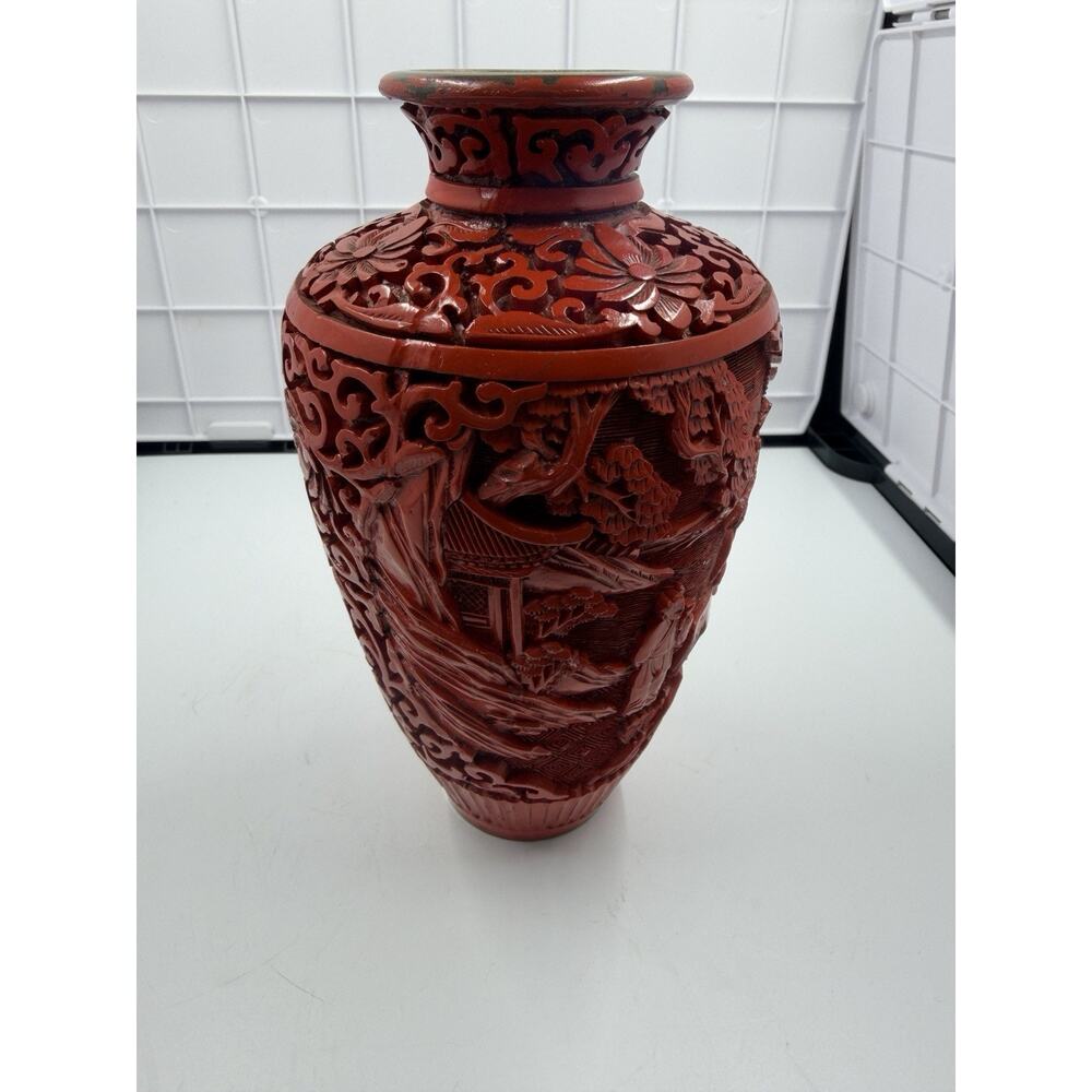 Antique Chinese Cinnabar Lacquered Vase - Carved Red Asian Vase with Brass Rim